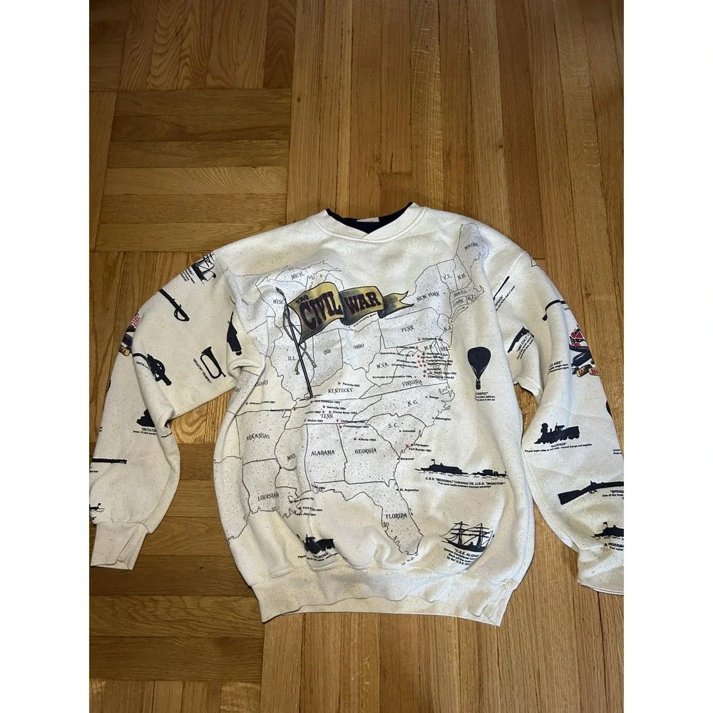 Vtg 90's Civil War Allover Print Cream Sweatshirt USA Double Collar Map Size L